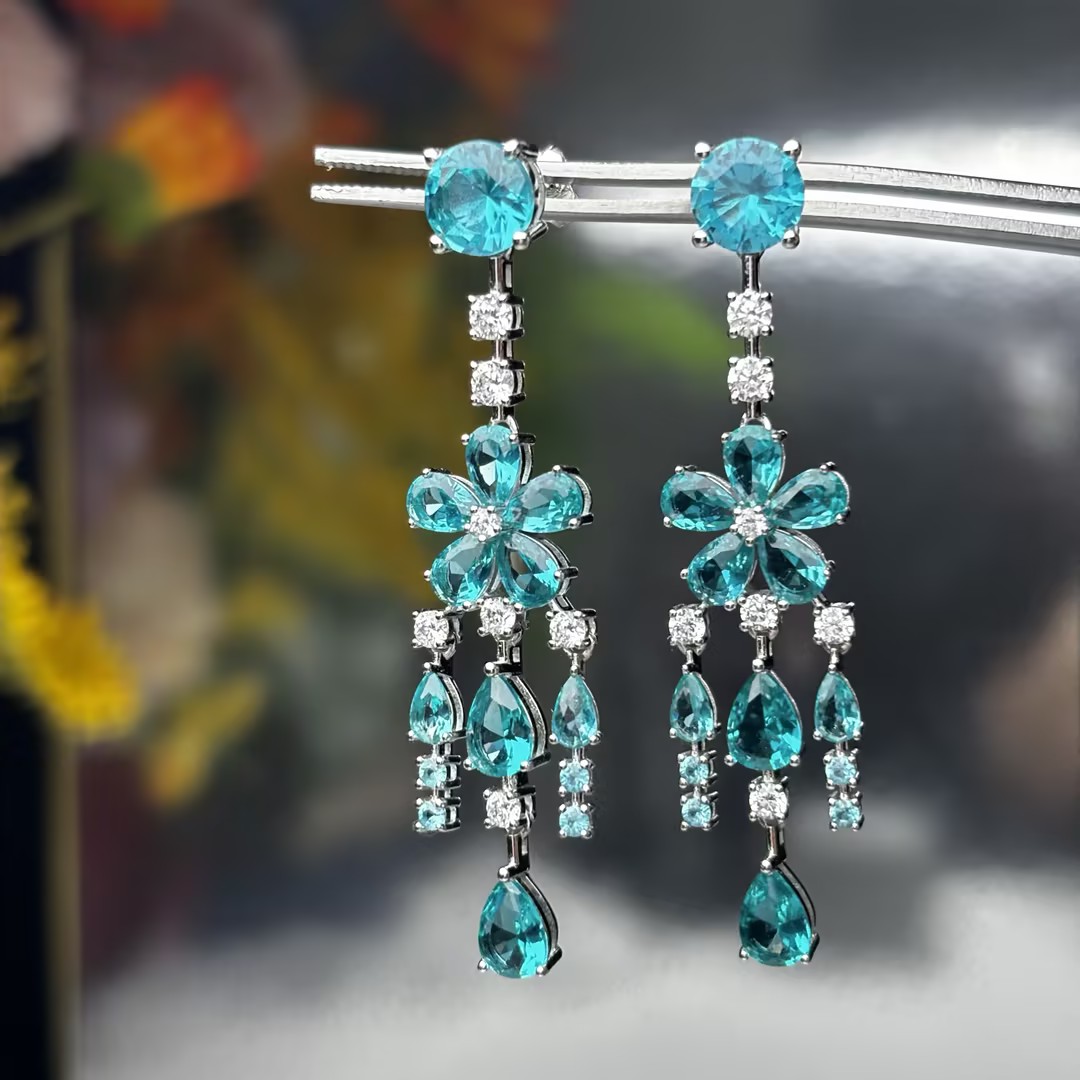 Original Design - Round Cut Paraiba Sapphire Dangle Earrings