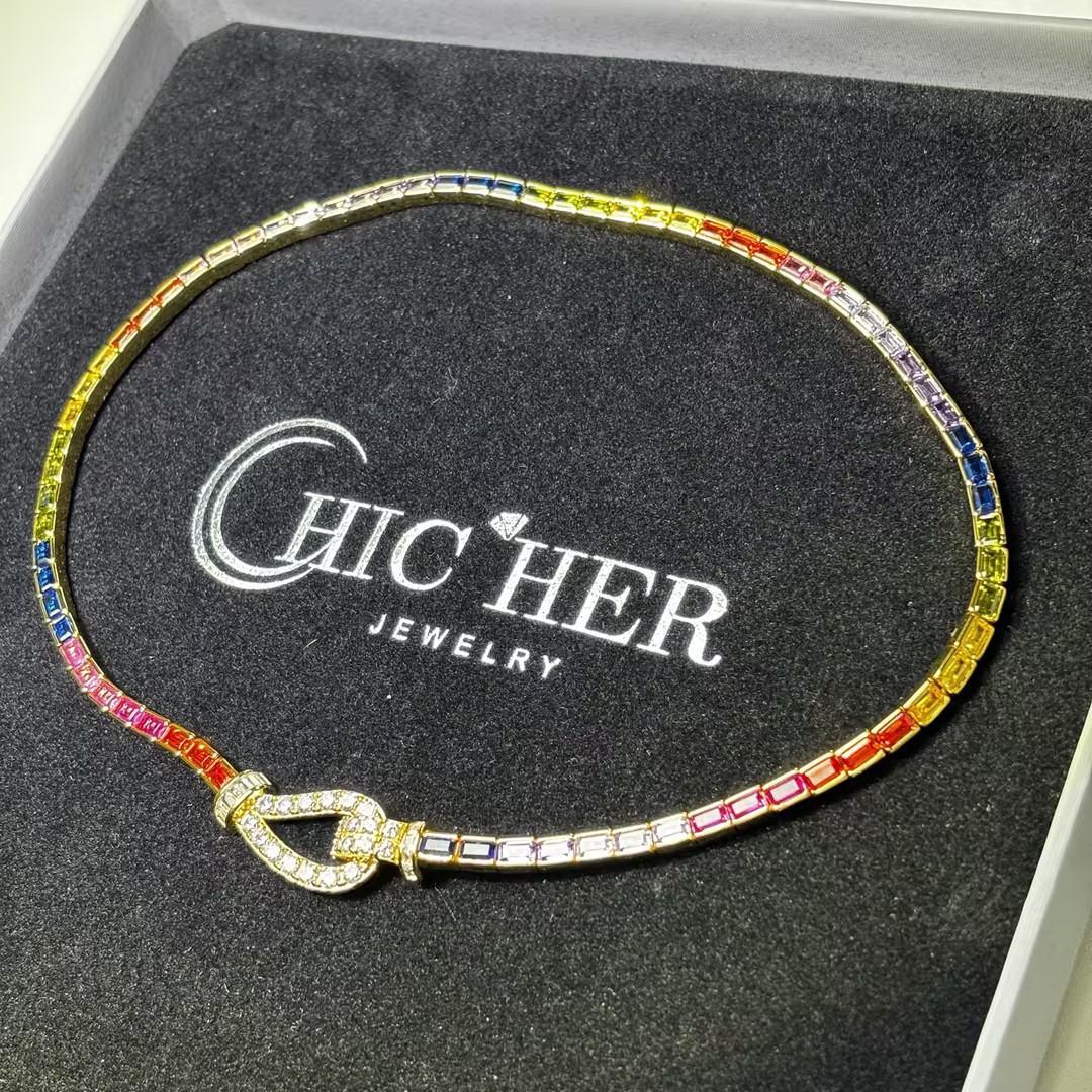 Emerald Cut Multi Color Sapphire Lasso Lock Rainbow Necklace