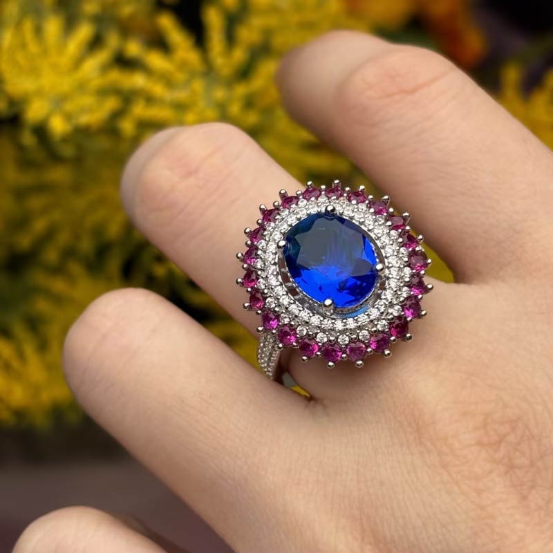 6 Color Options Oval Cut Blue Sapphire Double Halo Ring