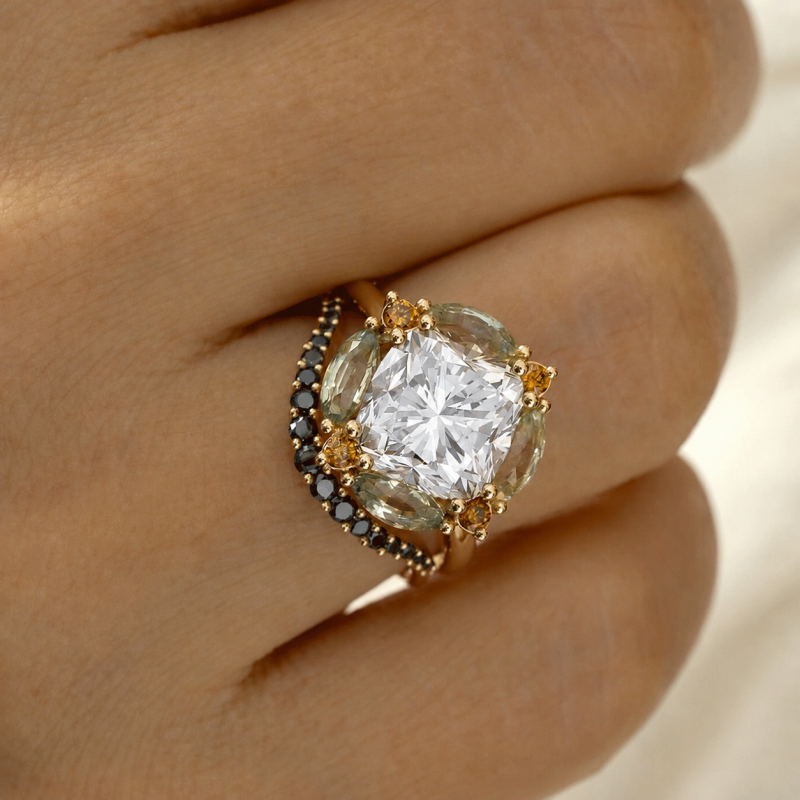Fashion 2.5ct Cushion Cut White Sapphire & Multi-Stone Halo Engagement Ring