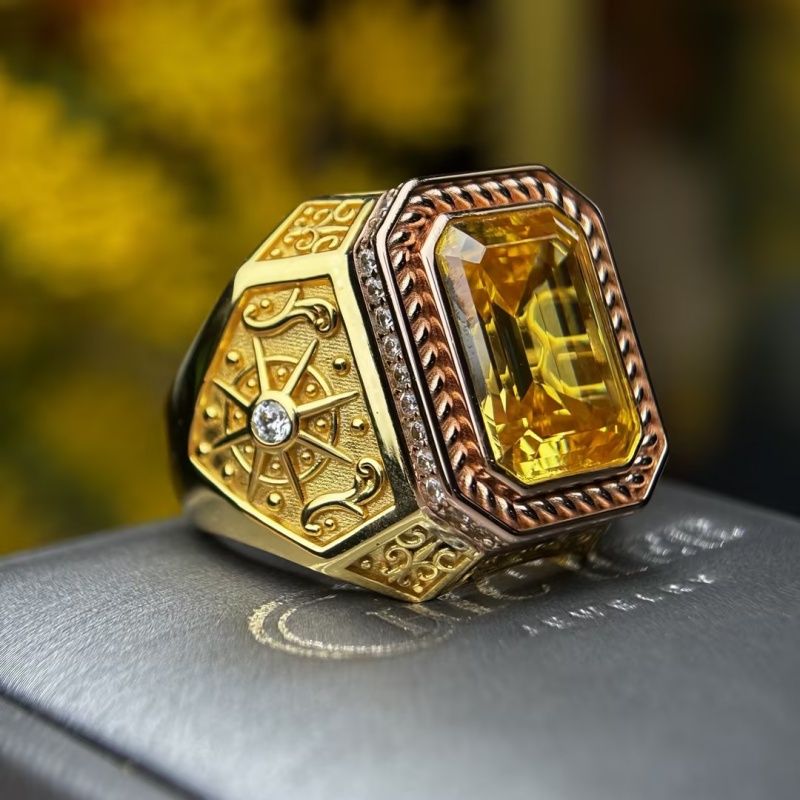 4ct Emerald Cut Yellow Sapphire Two-Tone Gold Vintage Engraved Men's Ring