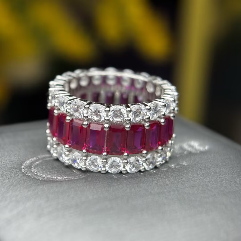 7.35ct Emerald Cut Ruby / Emerald Sapphire Wedding Band (2 Color Options)