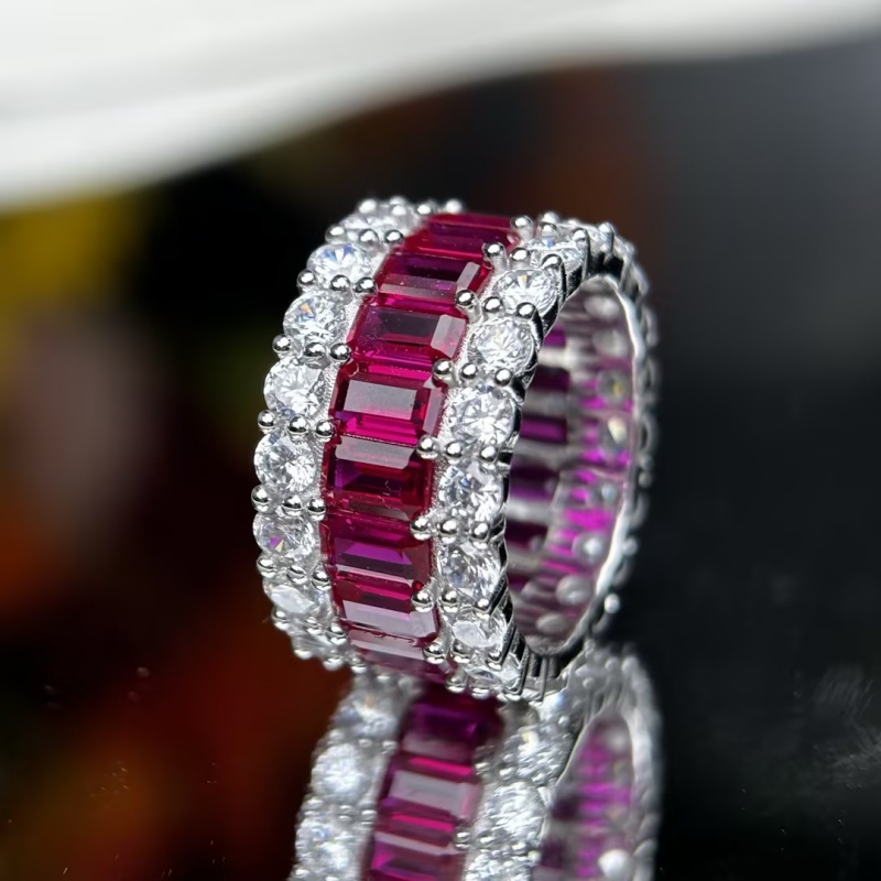 7.35ct Emerald Cut Ruby / Emerald Sapphire Wedding Band (2 Color Options)