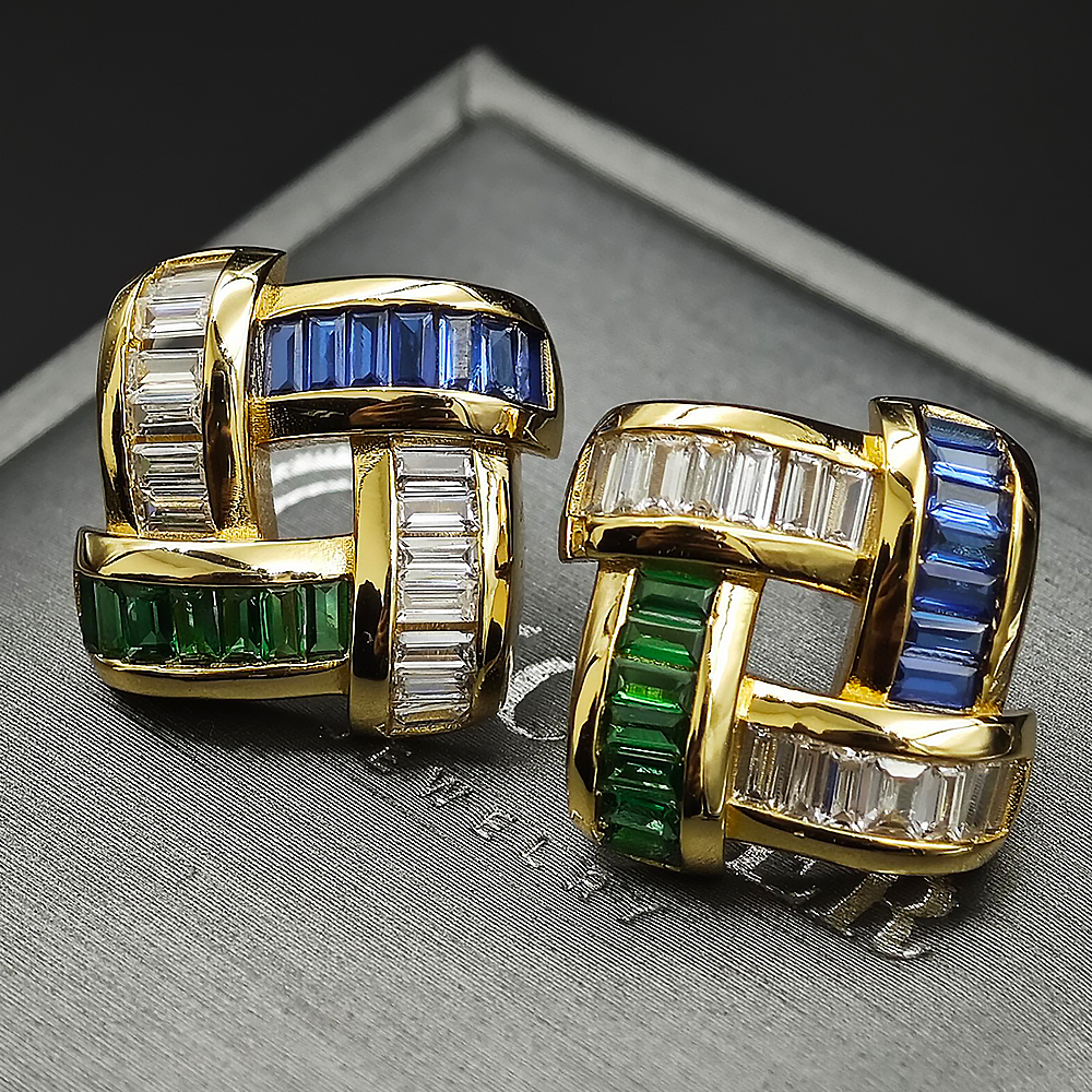 Emerald Cut Three-tone Weave Stud Earrings