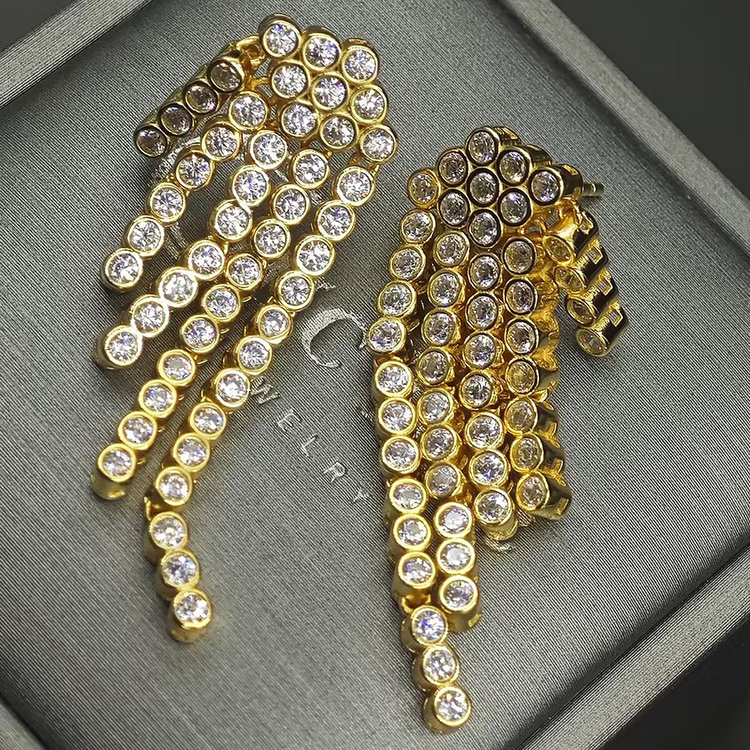 Round Cut Bezel Setting Five Lines Diamond Dangle Earrings