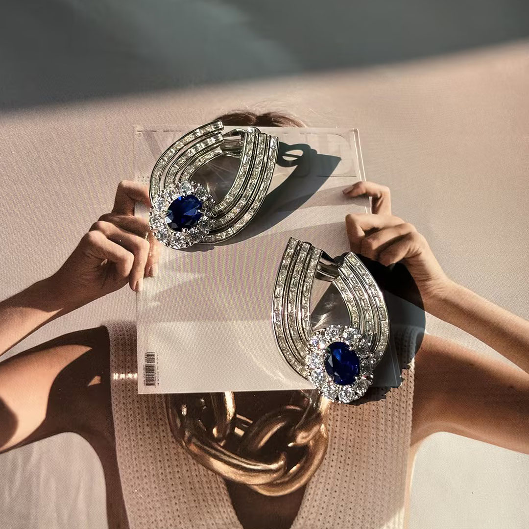 Halo Cushion Cut Blue Sapphire Hoop Earrings