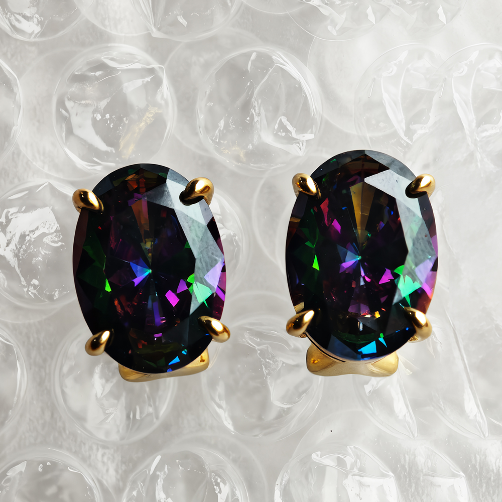 Oval Mystic Topaz Stud Earrings 14K Yellow Gold