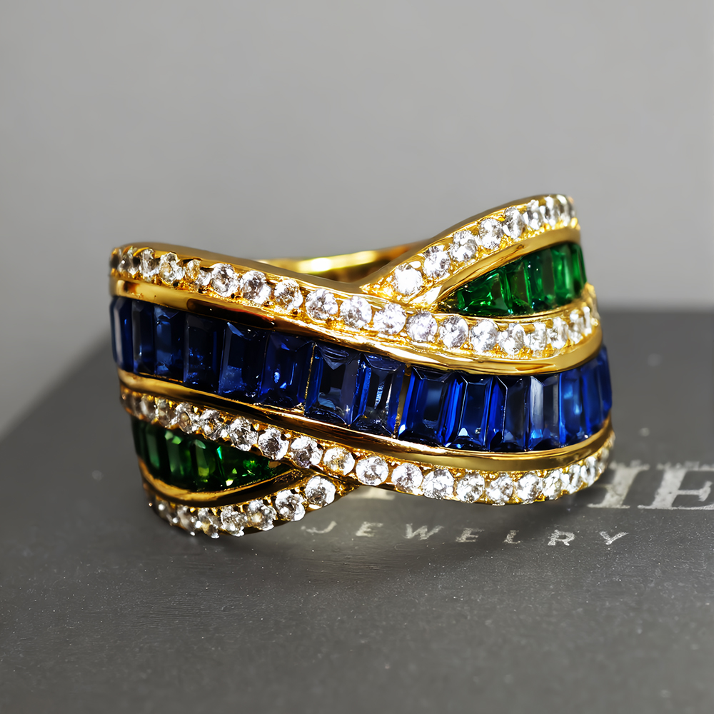 4.35ct Cross Design Emerald&Round Cut Three Tone Wedding Band