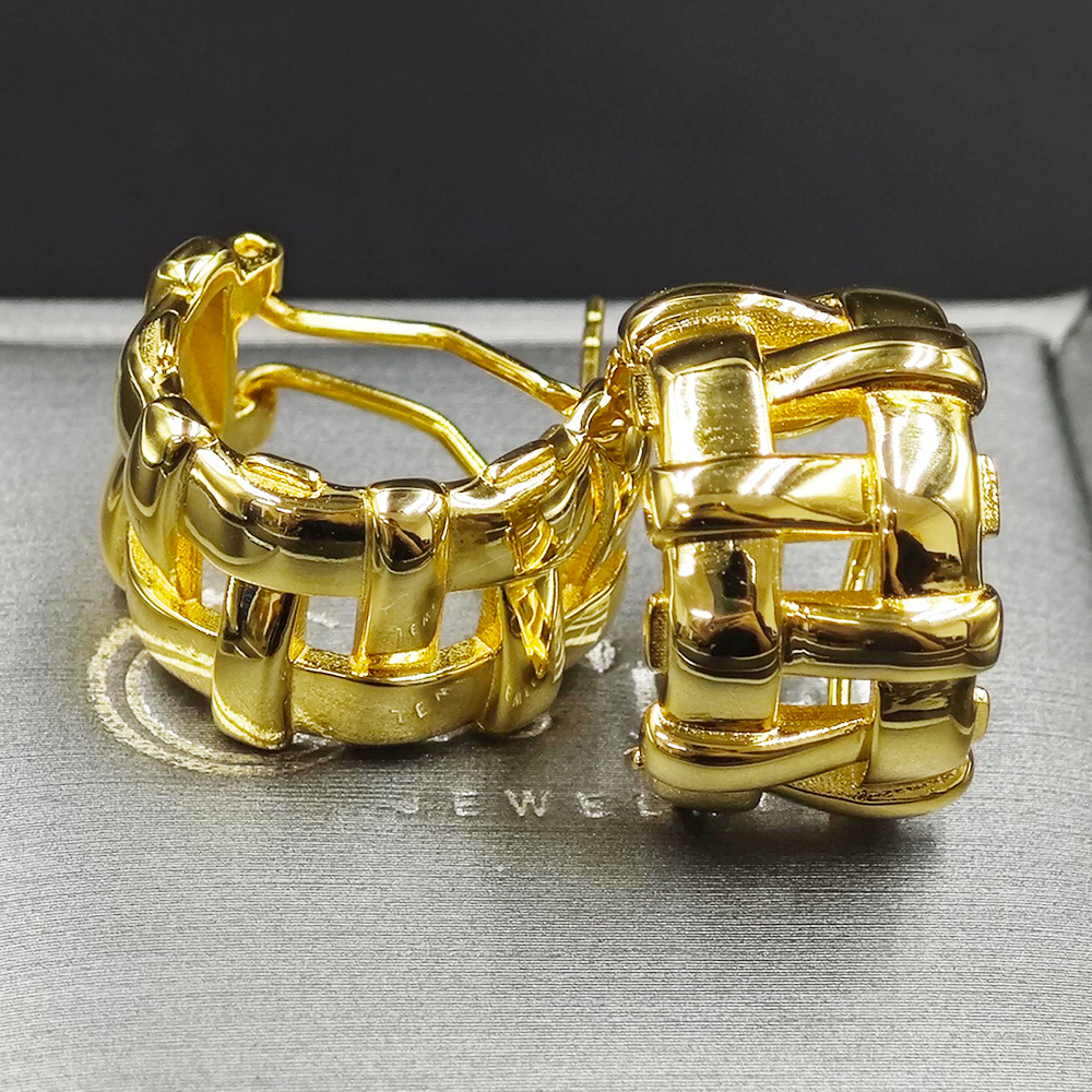 Basket Weave Sterling Silver Hoop Earrings In Gold Plating