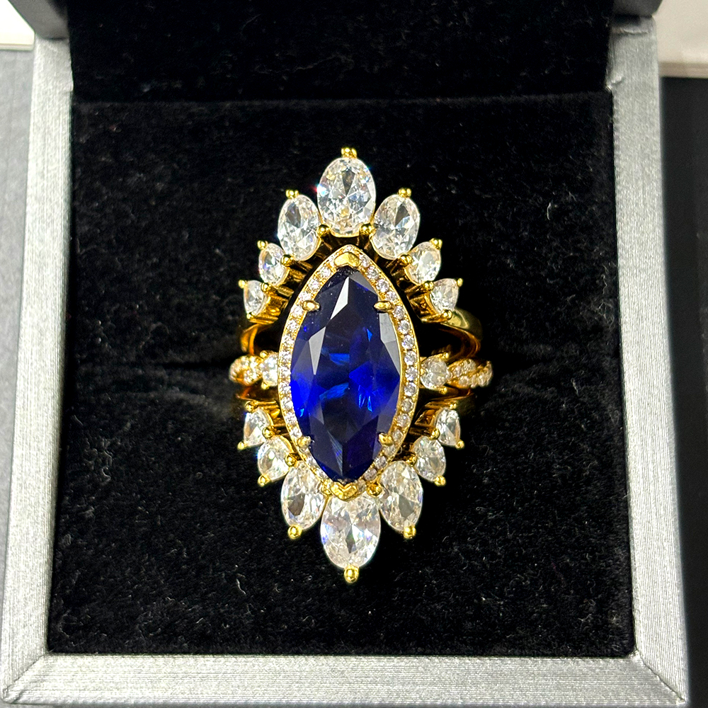 Halo 6ct Marquise Cut Blue Sapphire Wedding Set/3pcs