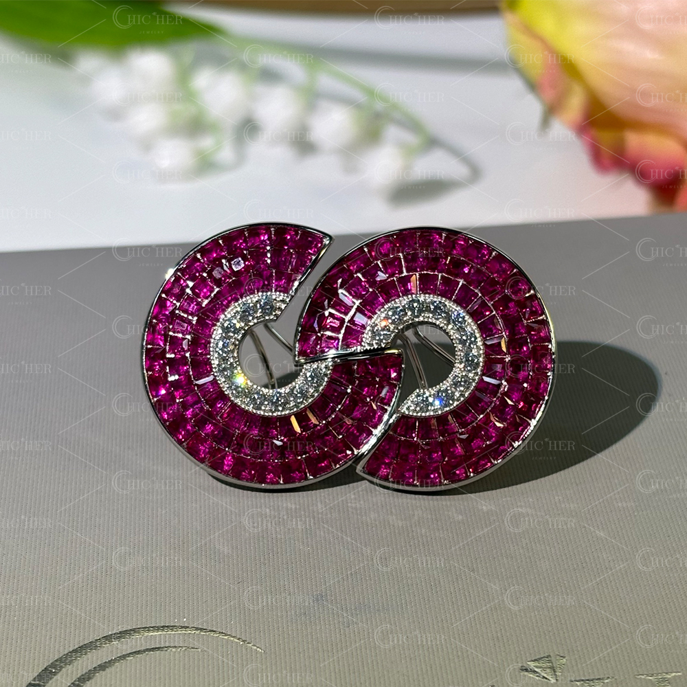 Invisible Setting Ruby&White Sapphire Scallop Earrings