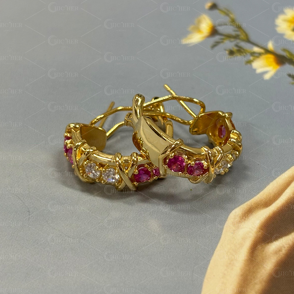 Two Tone Round Cut Pink&White Sapphire Hoop Earrings