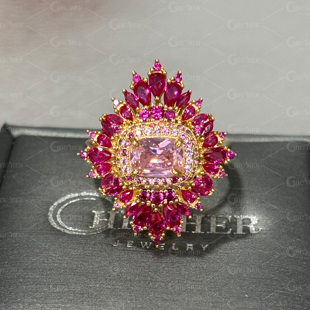 Ruby Halo 2ct Cushion Cut Pink Sapphire Cocktail Ring