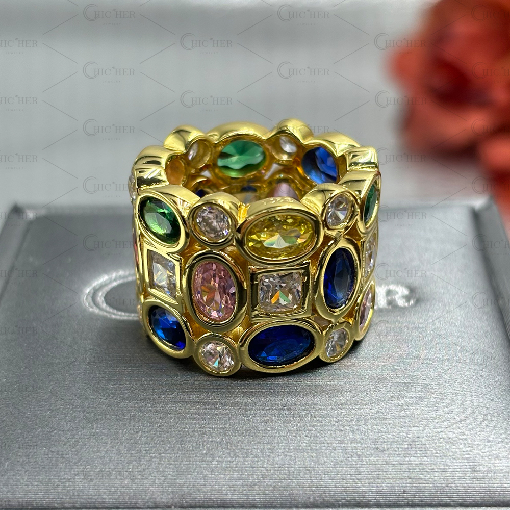 Three Row 5.85ct Rainbow Sapphire Wedding Band