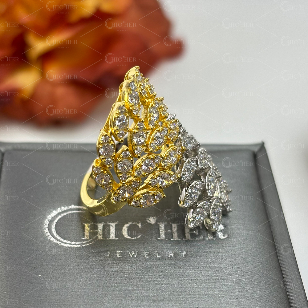 Two Tone Leaves 1.8ct Round Cut White Sapphire Cocktail Ring