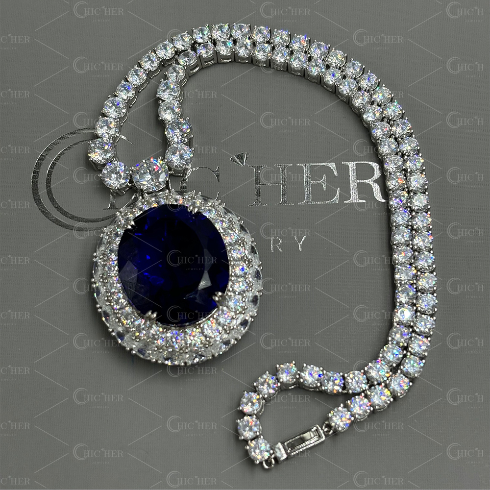 Oval Cut Blue Sapphire Pendant Necklace 