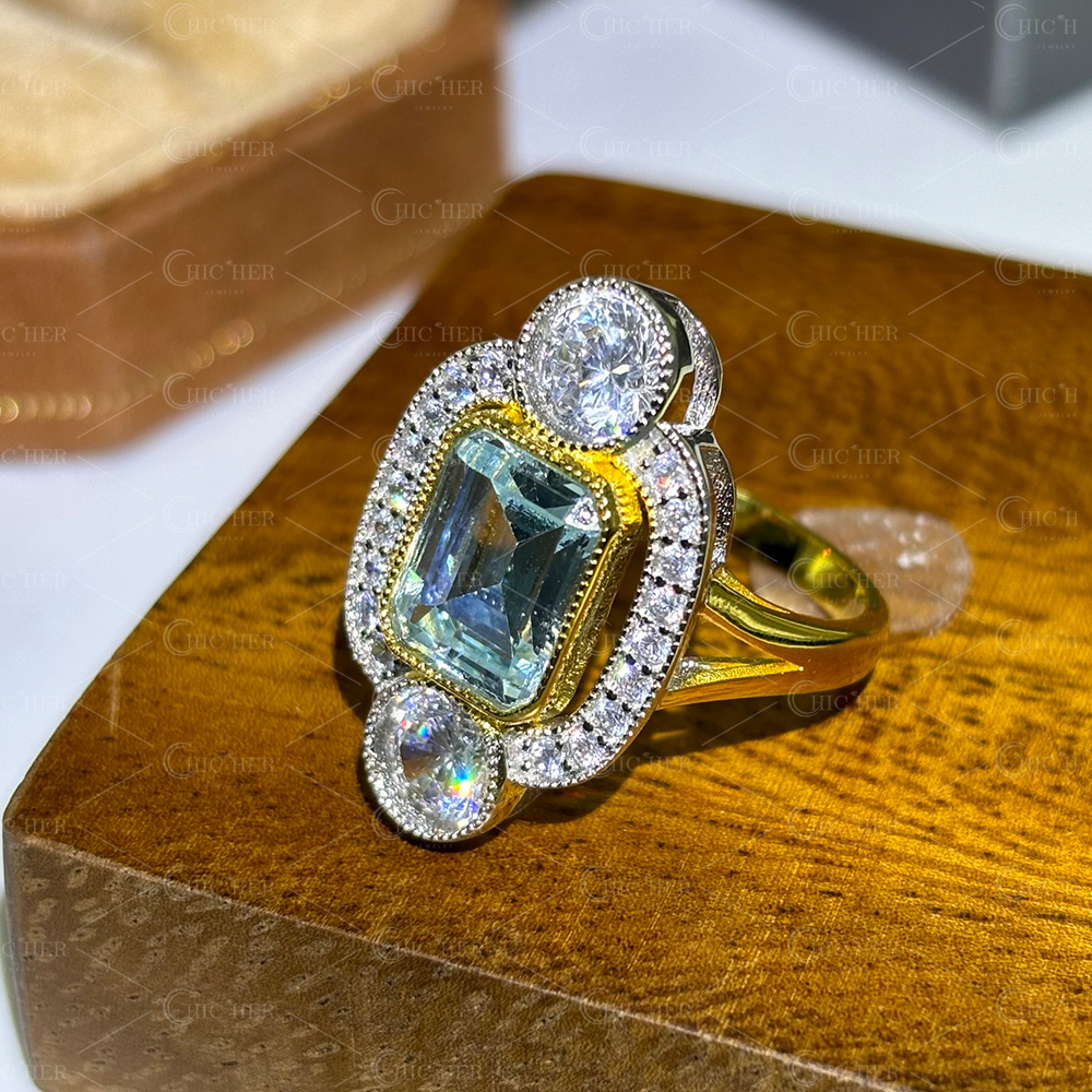 4ct Art Deco Design Emerald Cut Aquamarine Ring