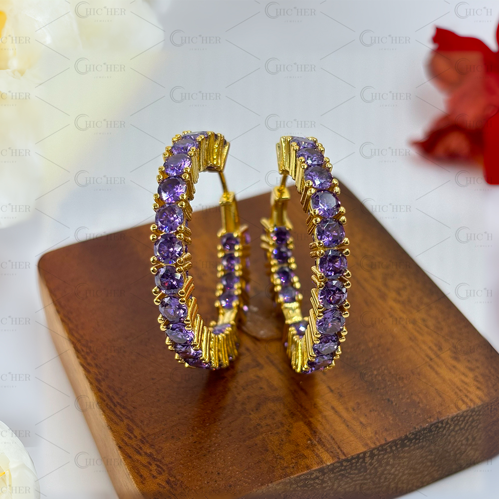 Round Cut Amethyst Sapphire Hoop Earrings