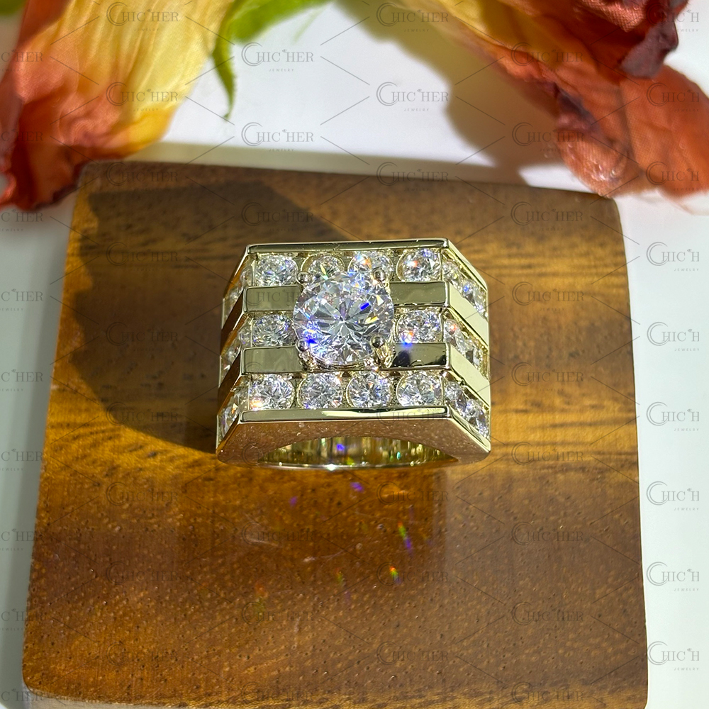 3ct Round Cut Men's Wide Band in Gold