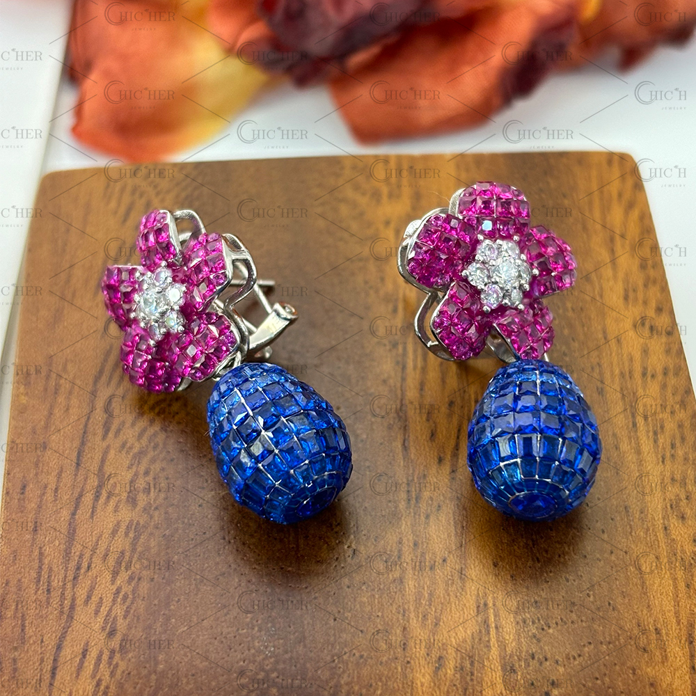 Flower Design Invisible Setting Diamond&Ruby&Sapphire Dangle Earrings