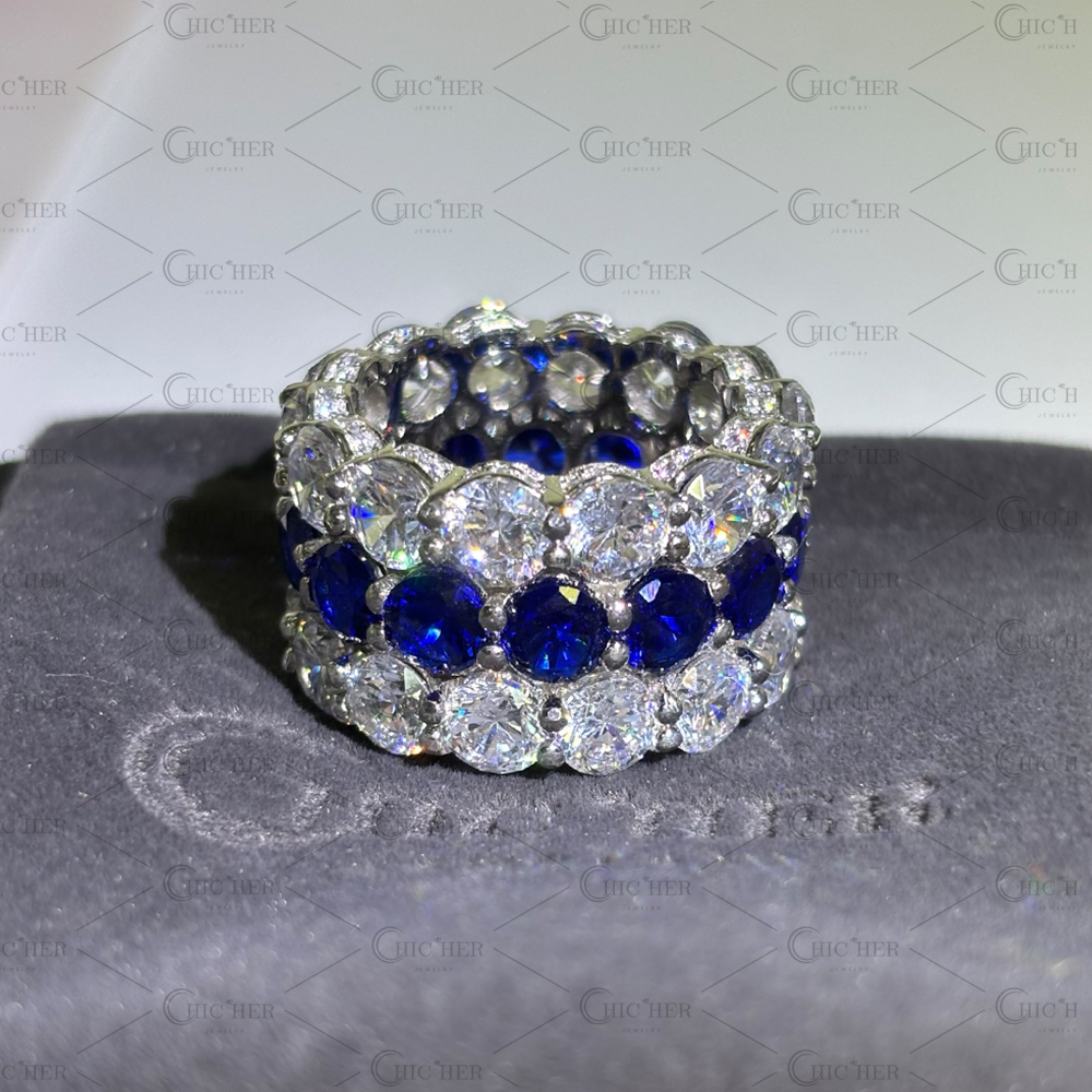 Two Style Round Cut Sapphire&Diamond Wedding Band