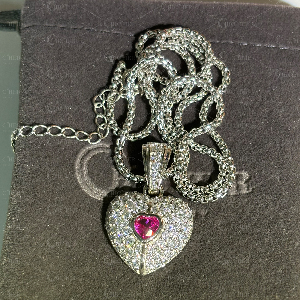 Fashion Two-tone Pink&Diamond Heart Pendant Necklace