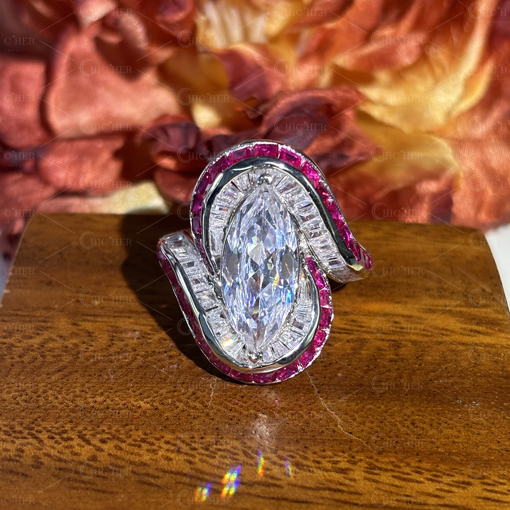 Invisible Setting 5ct Marquise Cut White Sapphire Swirling Ring