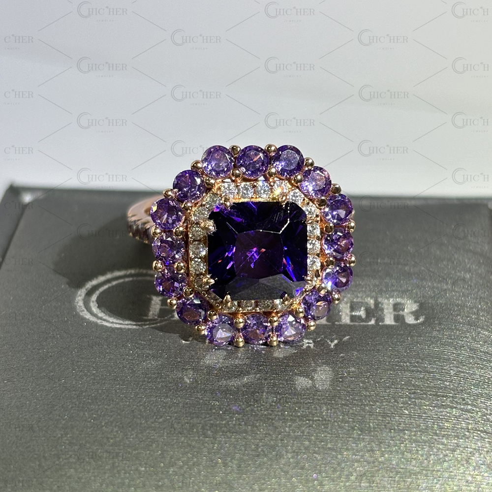 Double Halo 4ct Radiant Cut Amethyst Sapphire Engagement Ring