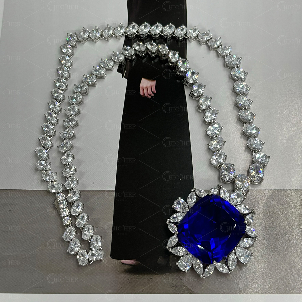 Halo Cushion Cut Blue Sapphire Pendant Necklace