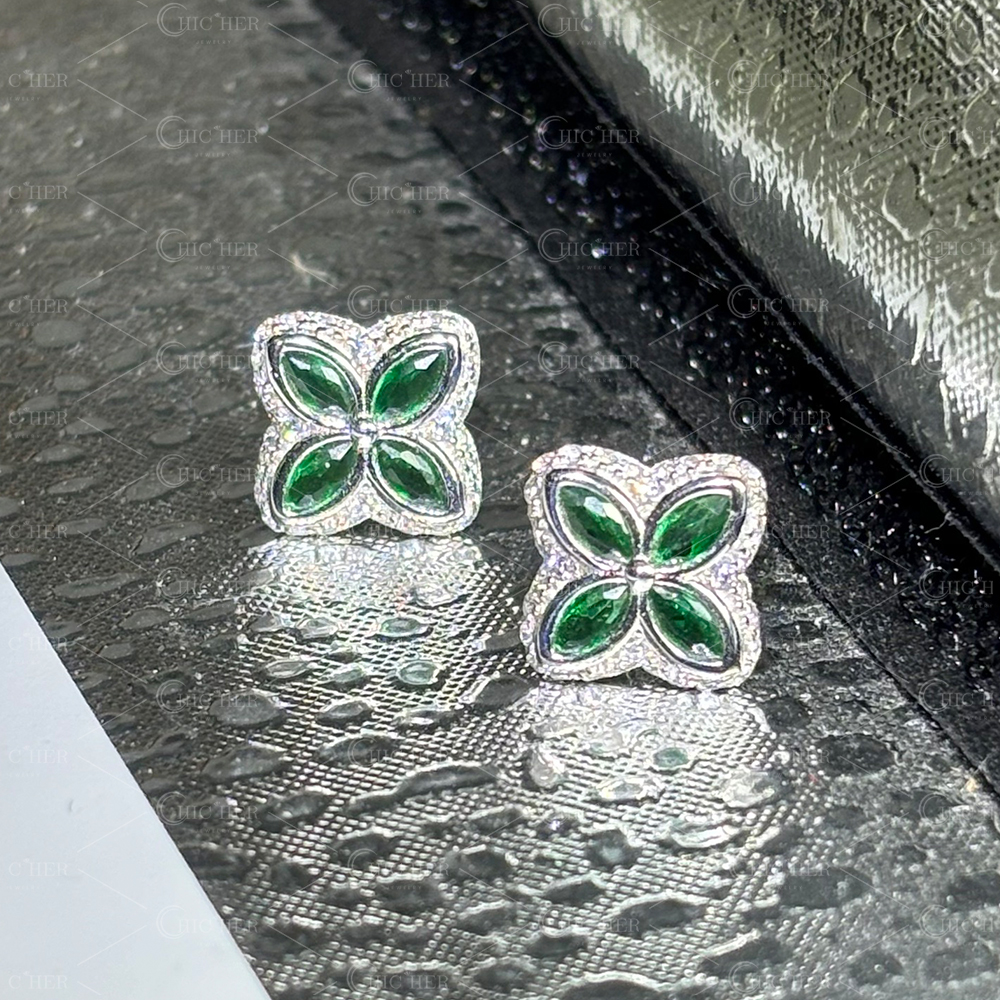 Clover Design Emerald&Diamond Men's Stud Earrings