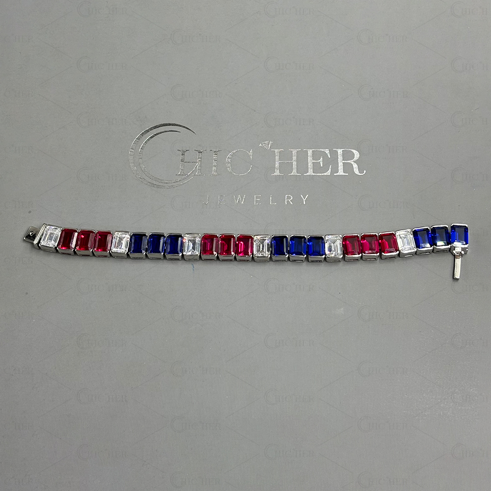 Emerald Cut Ruby&Blue Sapphire Men's Bracelet