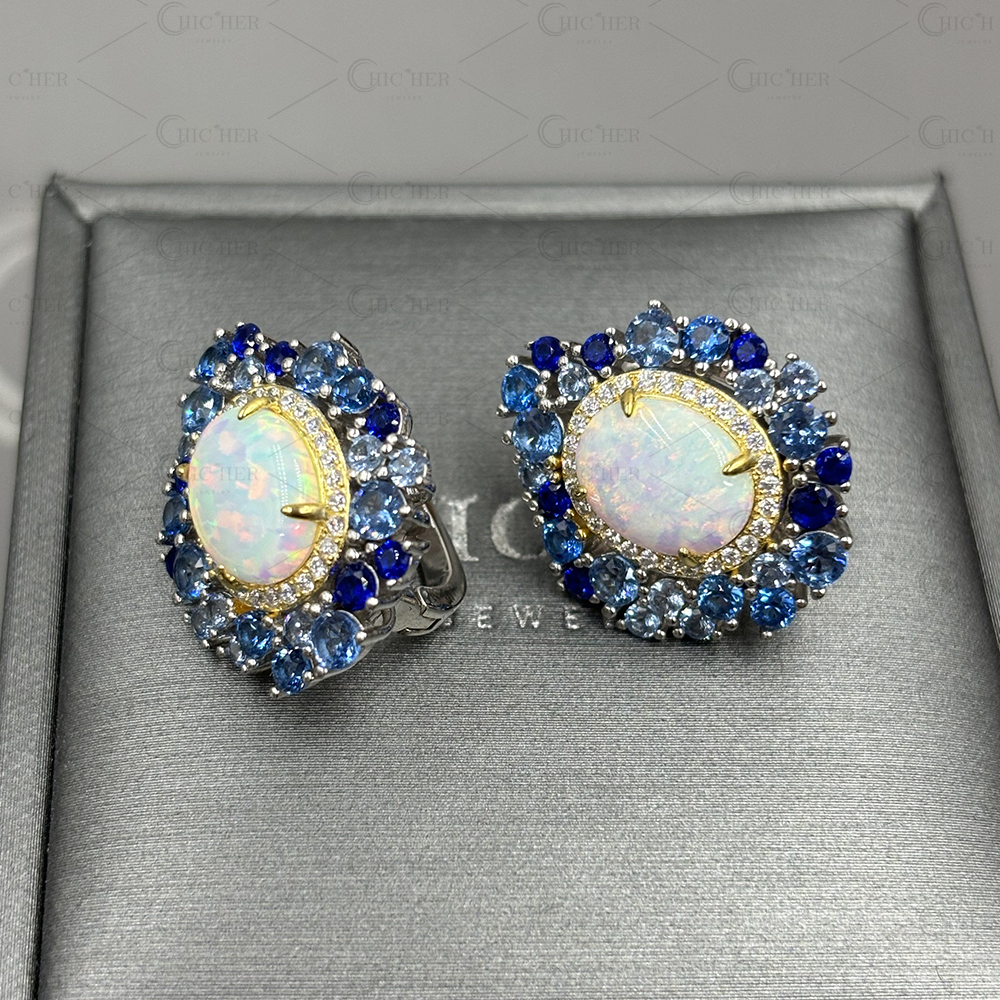 Oval Cut Opal Sapphire Stud Earrings
