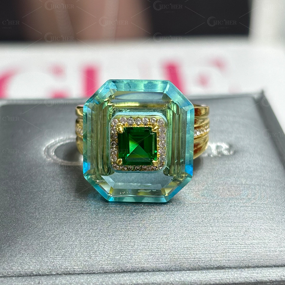 2ct Unique Emerald Cut Emerald Sapphire Engagement Ring