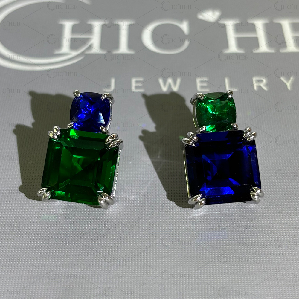 Unique Emerald&Sapphire Stud Earrings