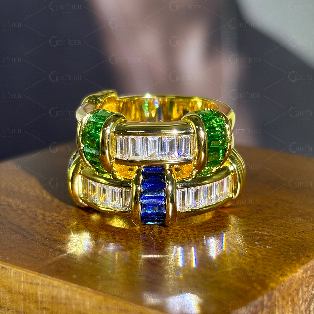 Fashion 2ct Emerald Cut Three-Tone Wedding Band