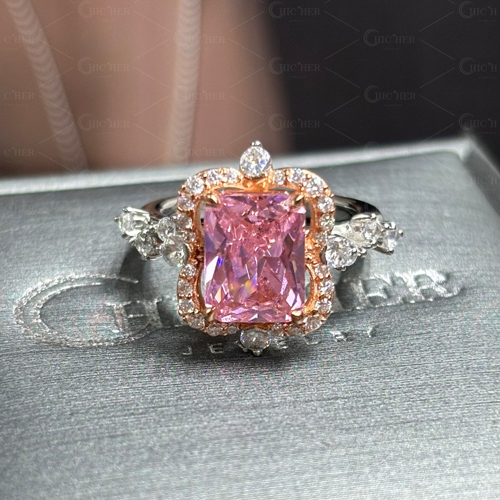 Halo 6ct Radiant Cut Pink Sapphire Engagement Ring