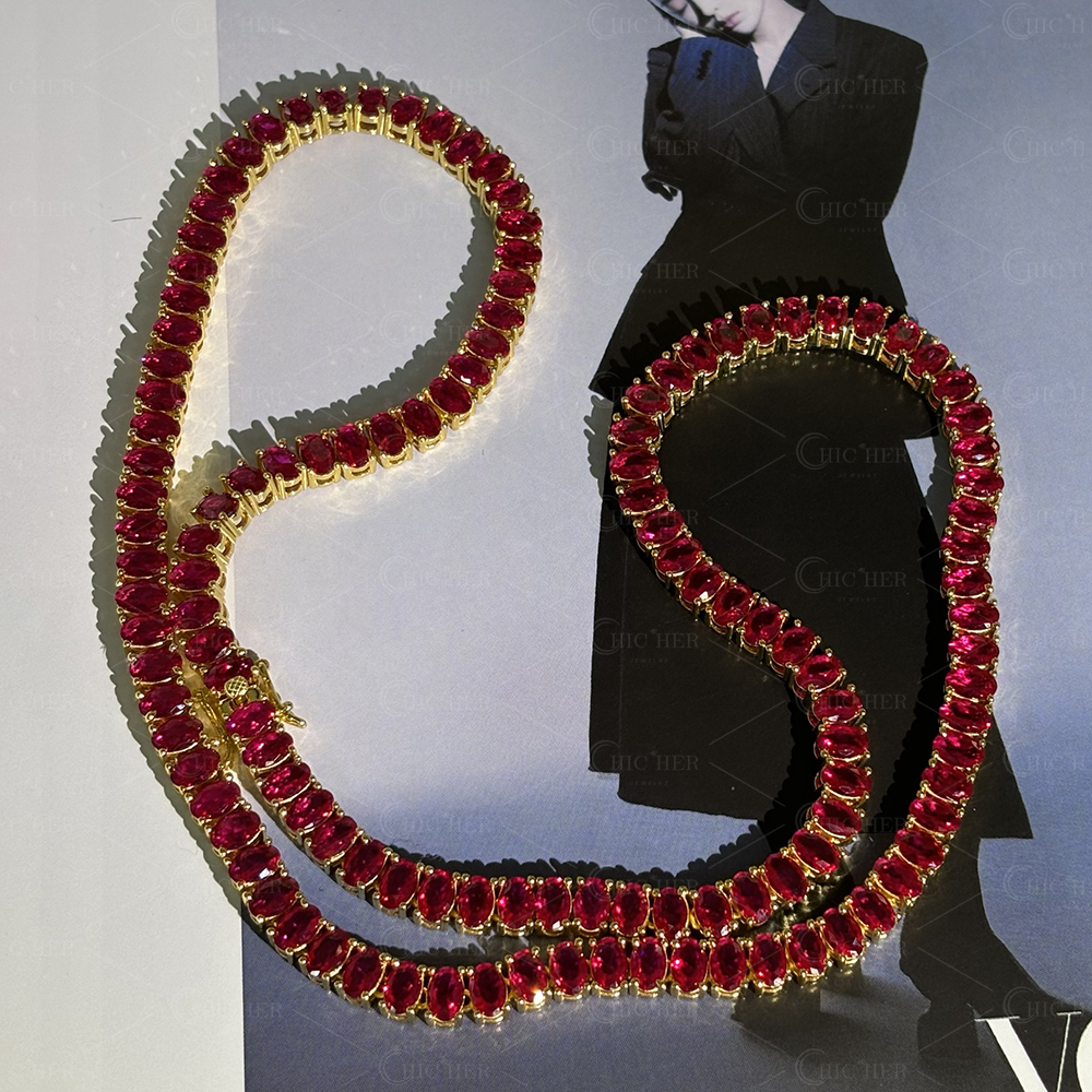 Classic Oval Cut Ruby Sapphire Tennis Necklace