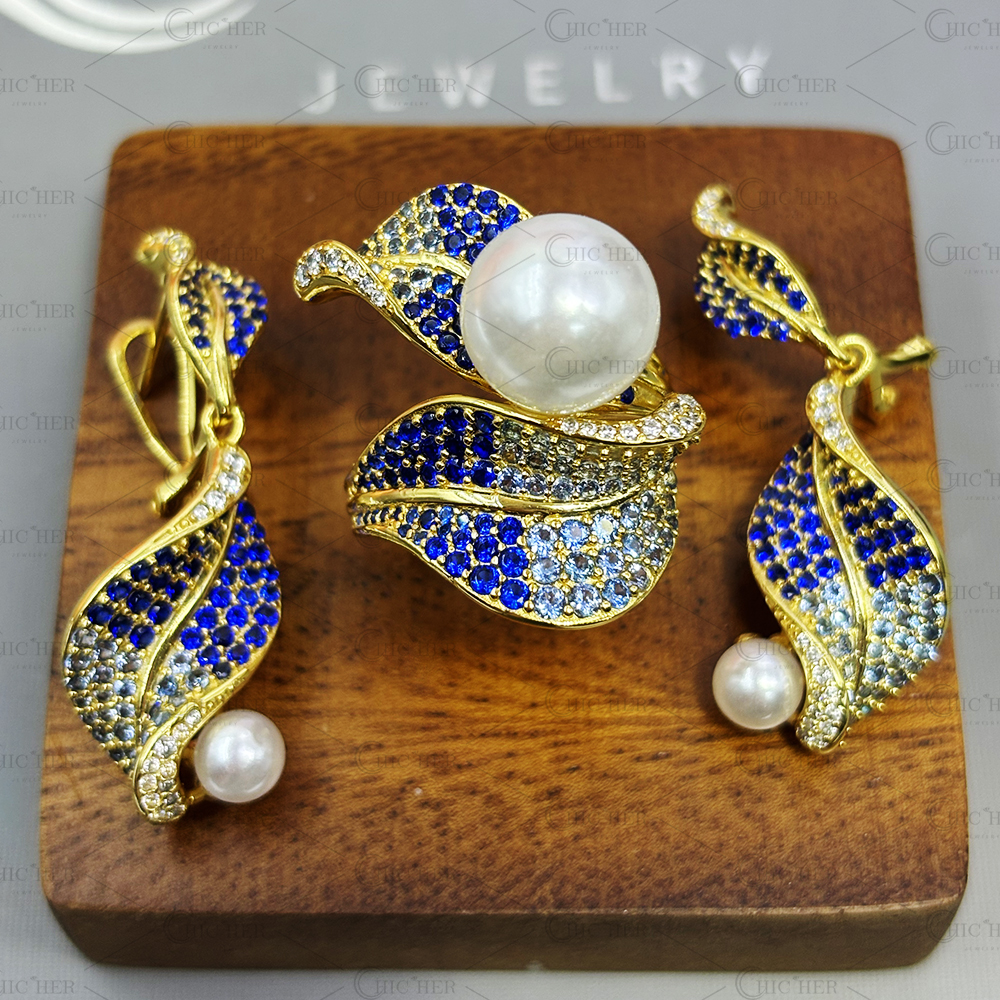Leaf Design White Pearl&Gradient Sapphire Earrings&Ring Jewelry Set