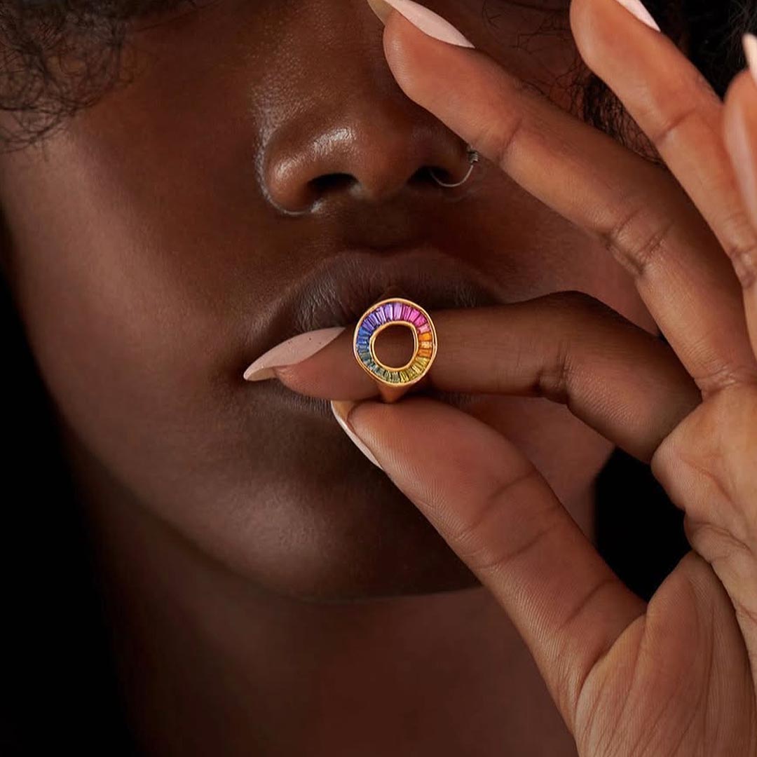 2.75ct Tapered Baguette Cut Rainbow Sapphire Sphere Ring