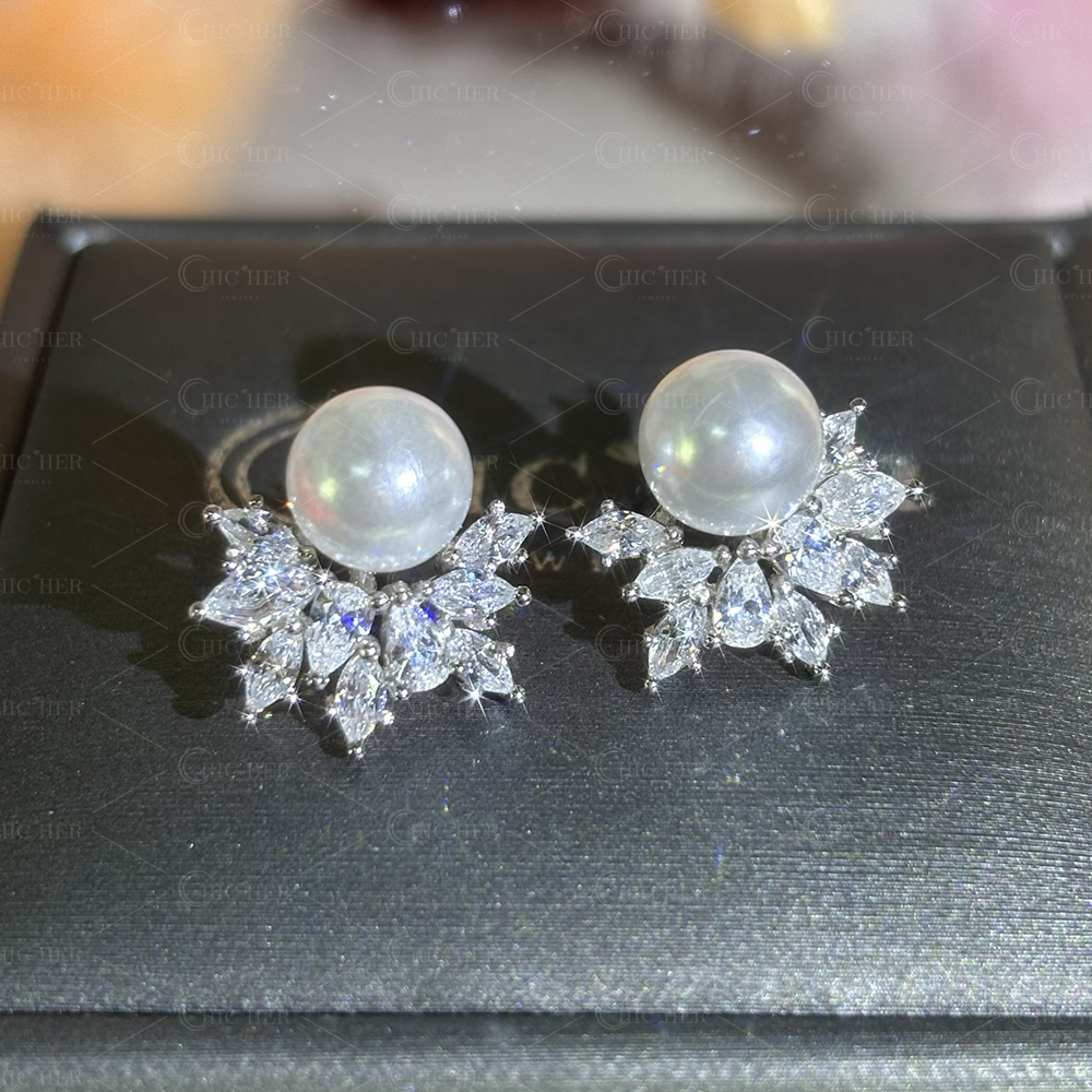 Marquise Cut White Sapphire Pearl Earrings