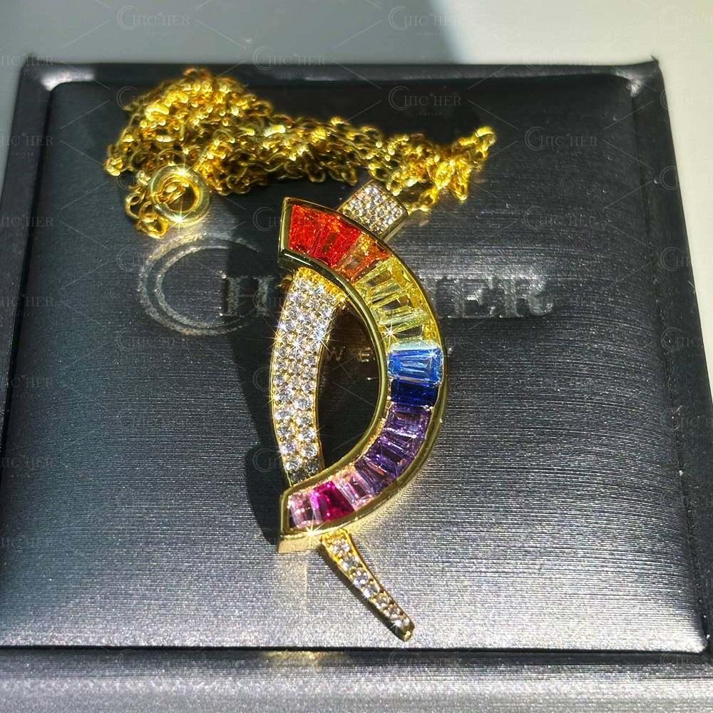 Dual-purpose Rainbow&White Sapphire Pendant Necklace/Brooch