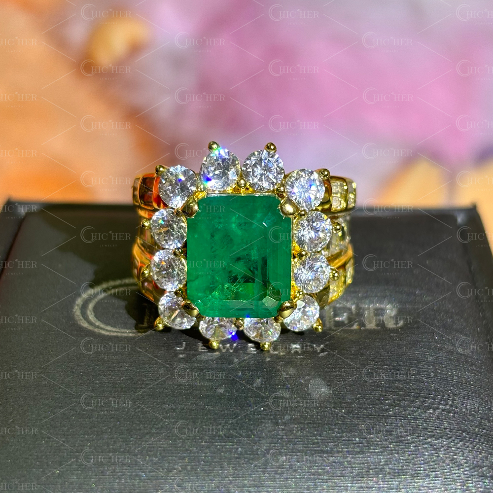 Halo 8ct Emerald Cut Emerald Sapphire Engagement Ring