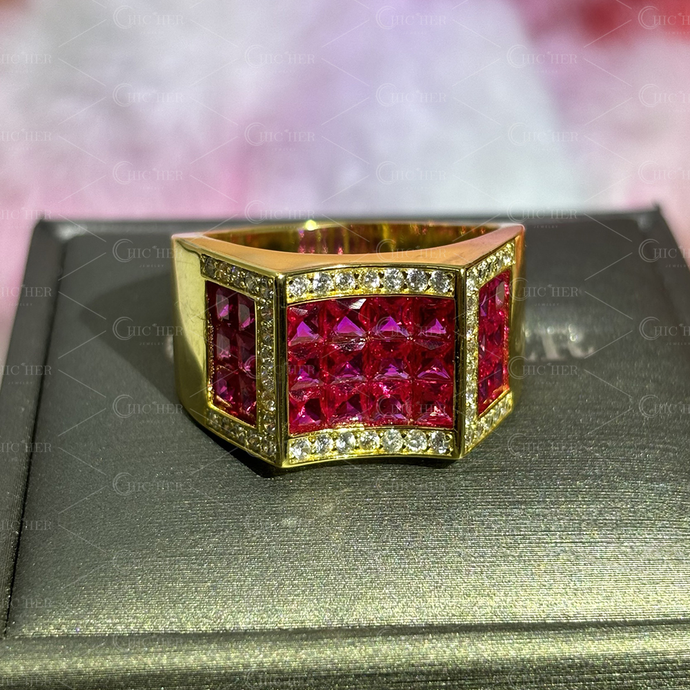 Invisible Setting 4.9ct Princess Cut Ruby Sapphire Men's Band