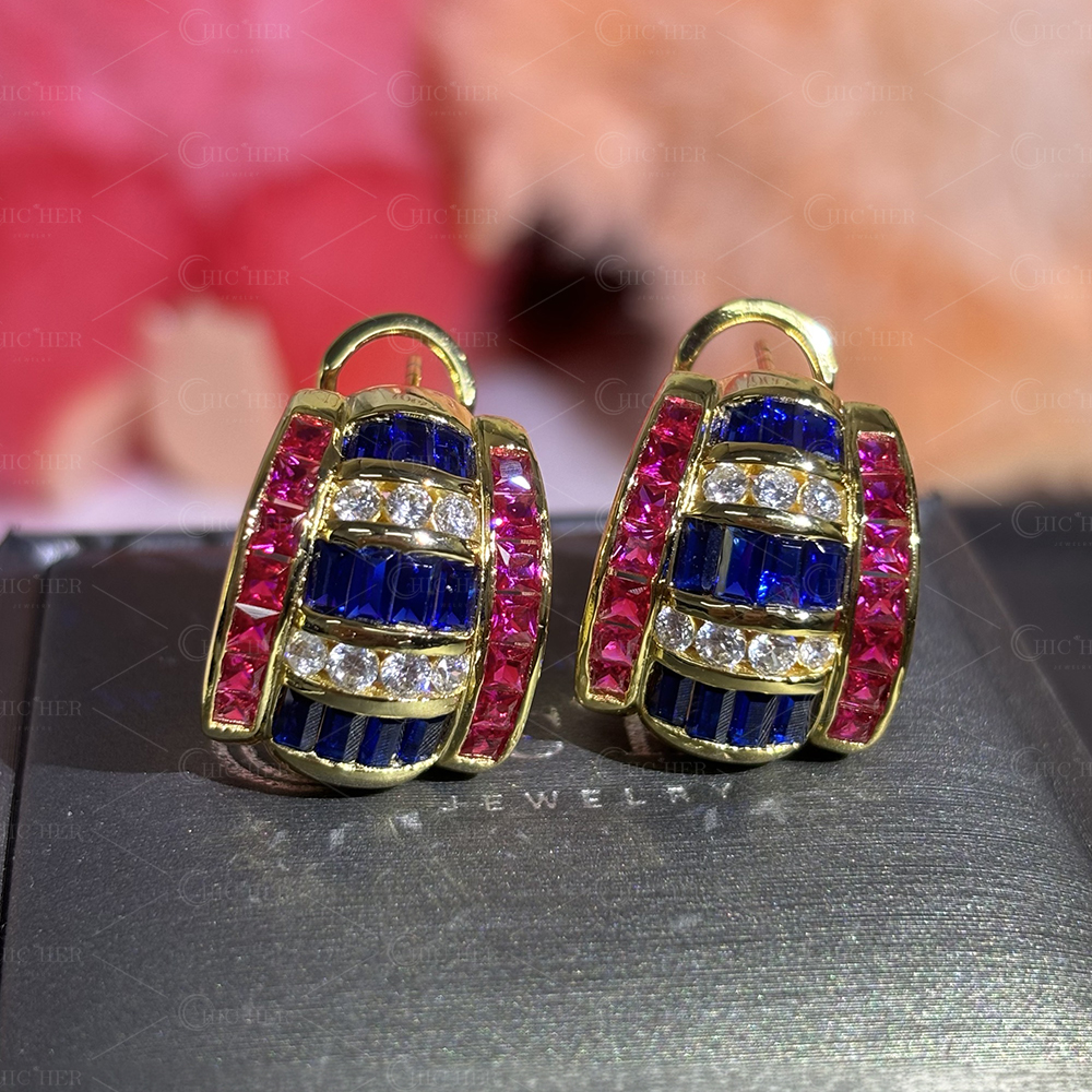 Three Tone Blue&Ruby&White Sapphire Hoop Earrings