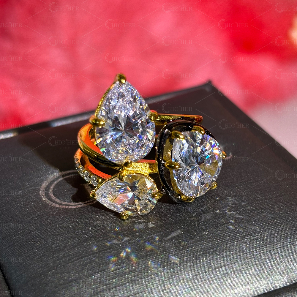 7.5ct Pear Cut White Sapphire Weeding Ring Set/ 3pcs