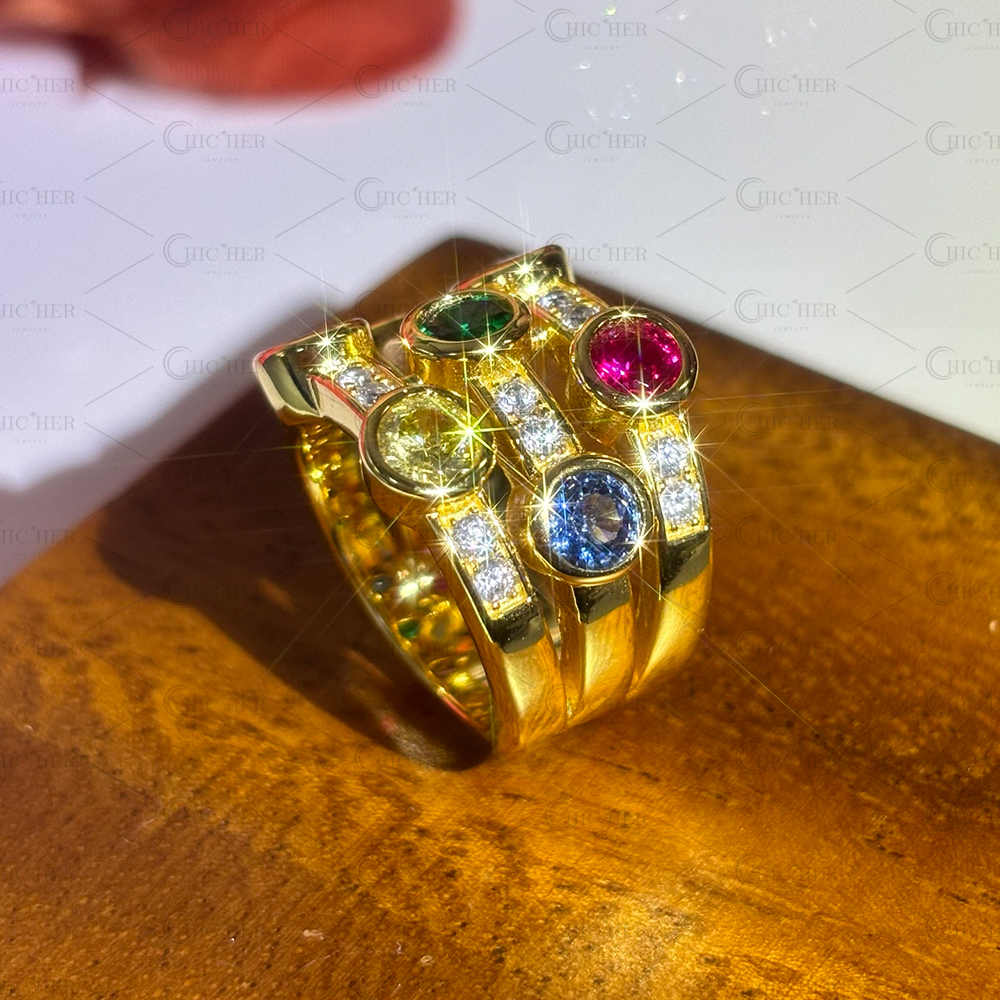 Multi Row 1.8ct Round Cut Rainbow Sapphire Wedding Band