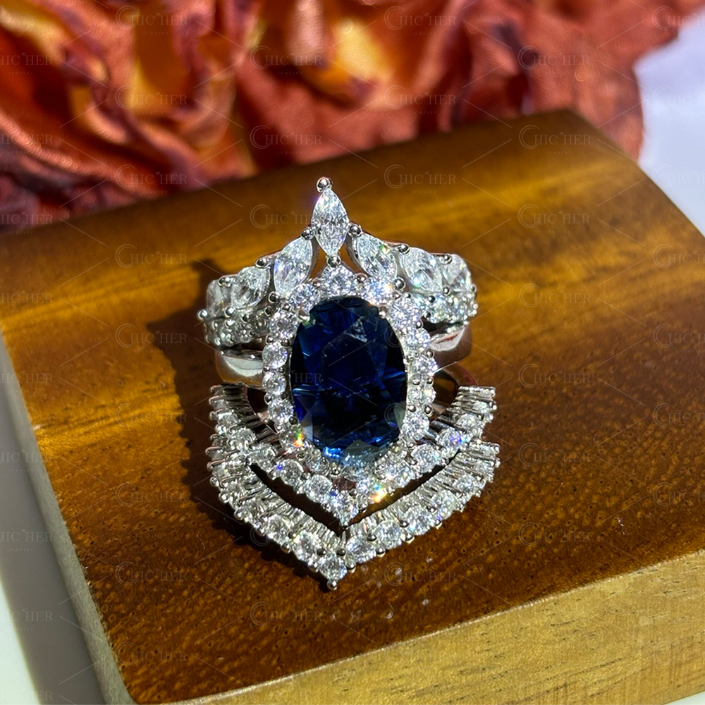 Halo 4ct Oval Cut Blue Sapphire Wedding Set/3pcs