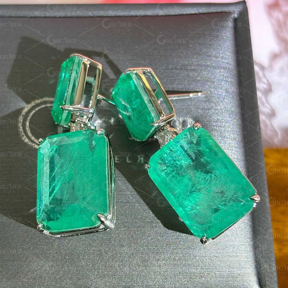 Radiant Cut Colombian Green Dangle Earrings