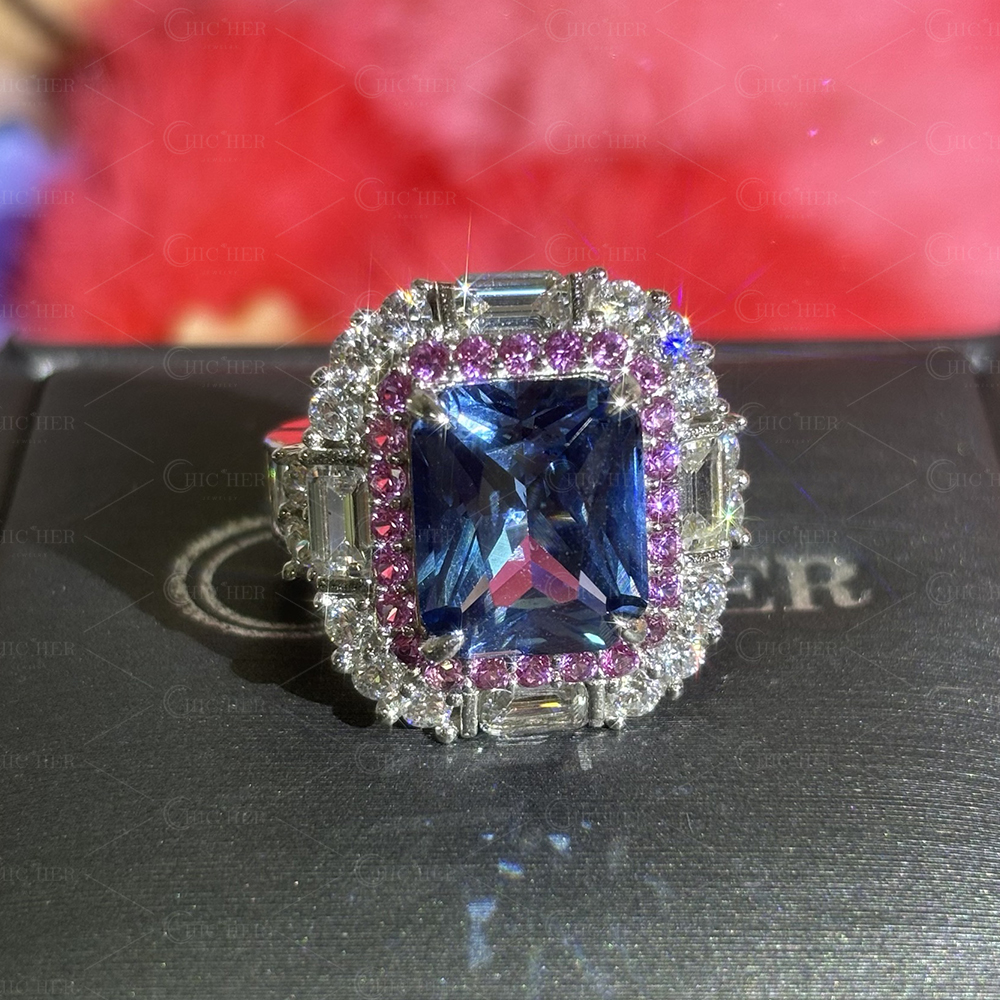 Double Halo 6ct Radiant Cut Light Blue Sapphire Engagement Ring