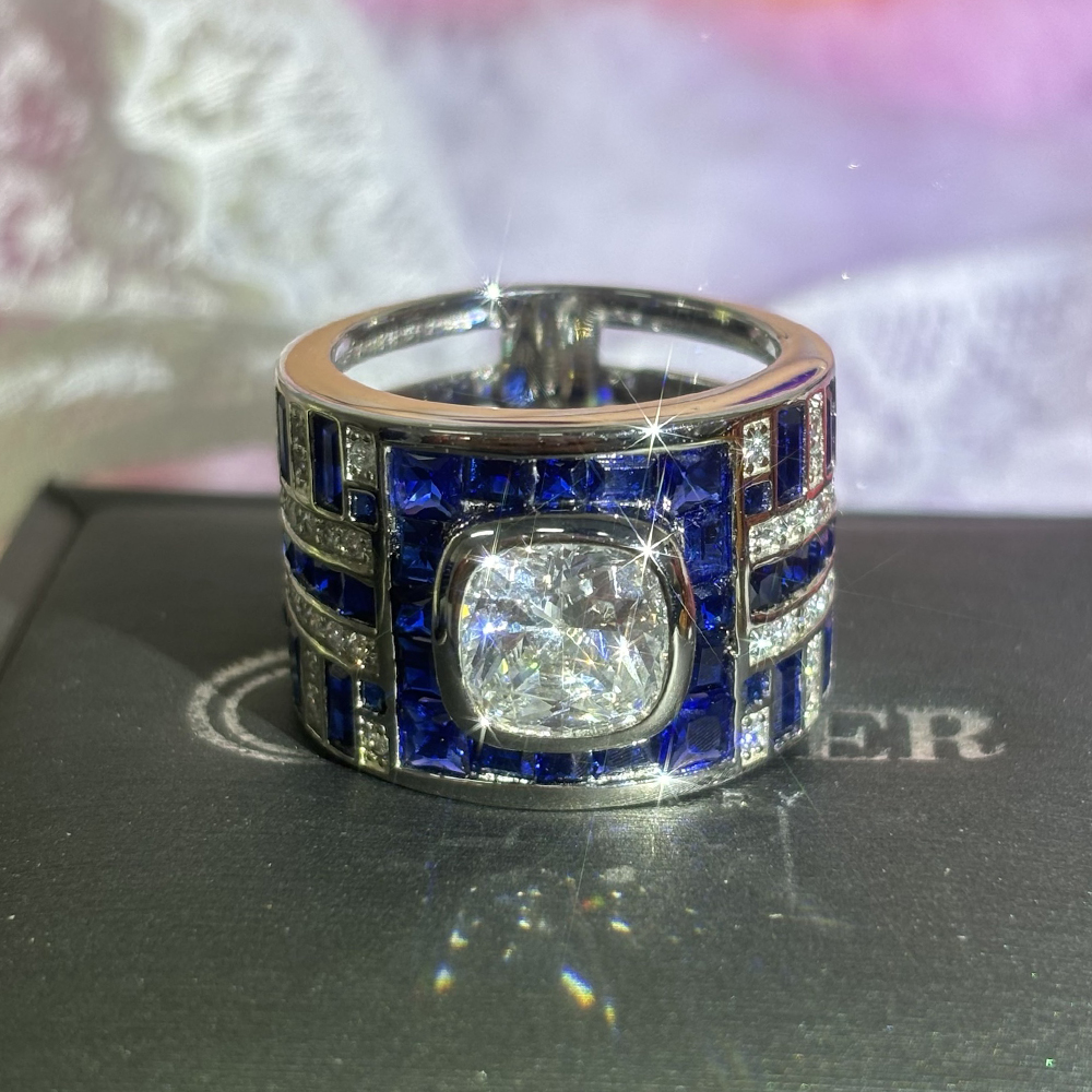 5ct Cushion Cut Two Tone Sapphire Men's Ring